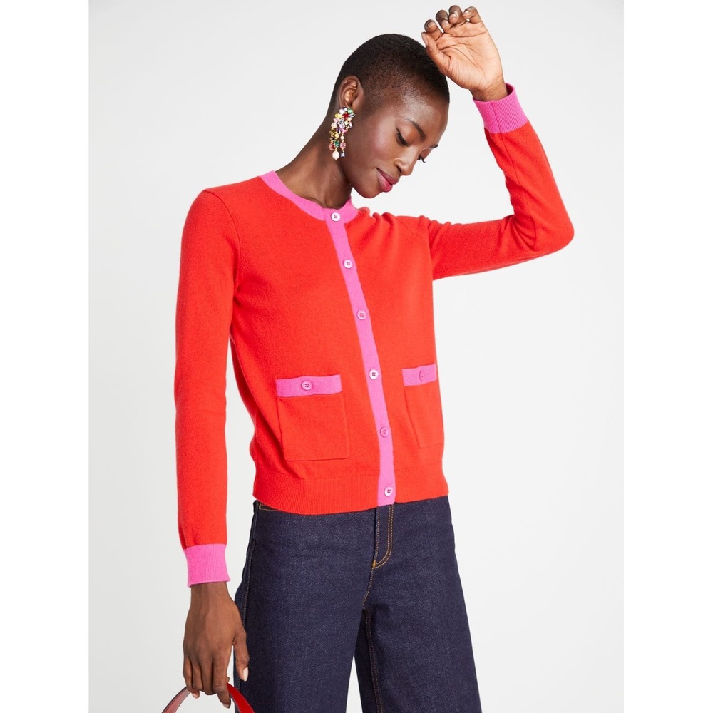 Kate Spade Colorblock Cashmere Gallery Cardigan Red Pink KA429 Medium - Picture 10 of 12